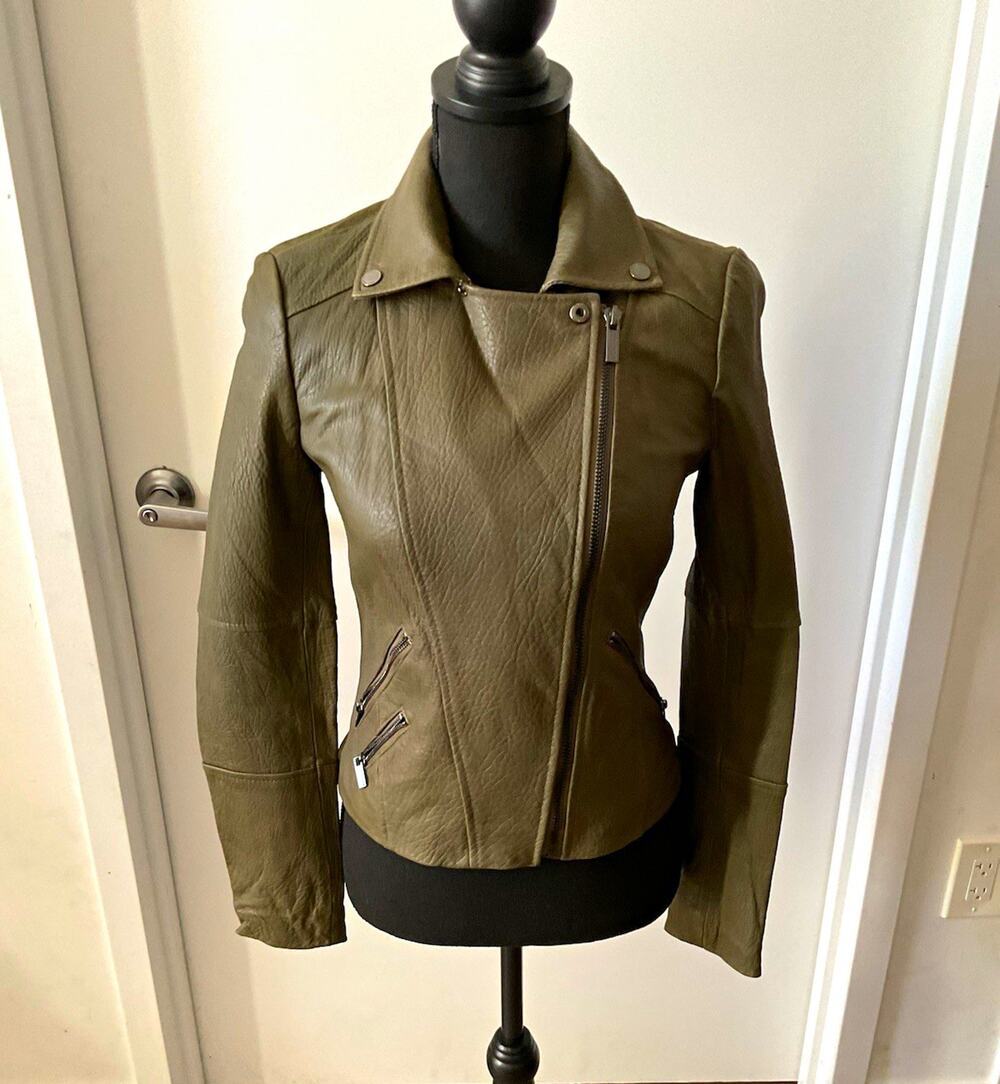 BCBGMAXAZRIA Conner Faux Leather Moto Jacket Olive Green Women’s XS Asymmetric